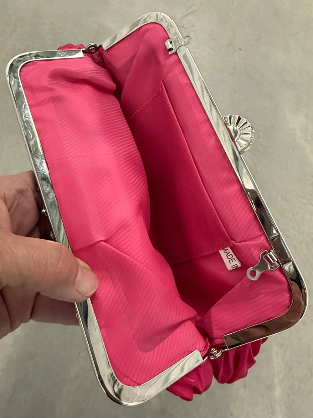 Hot Pink Satin Evening Clutch with Silverplate Trim and Rhinestone Accents